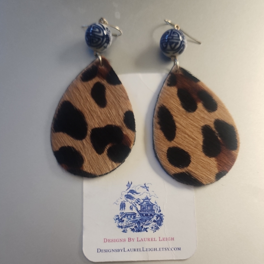 Leopard Print Teardrop Earrings with Blue Beads